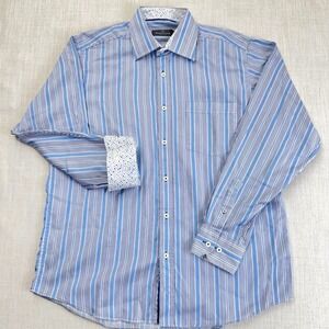 Bugatchi Uomo Mens Large Blue White Striped Long Sleeve Button Down Dress Shirt